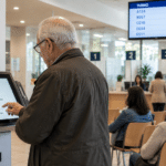 Persona mayor utilizando un sistema de gestión de turnos en una oficina de atención presencial.
