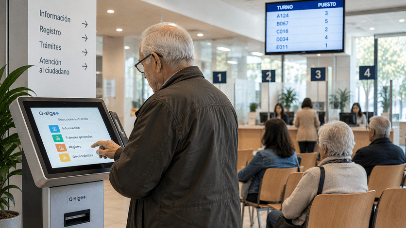 gestion colas personas mayores Persona mayor utilizando un sistema de gestión de turnos en una oficina de atención presencial.